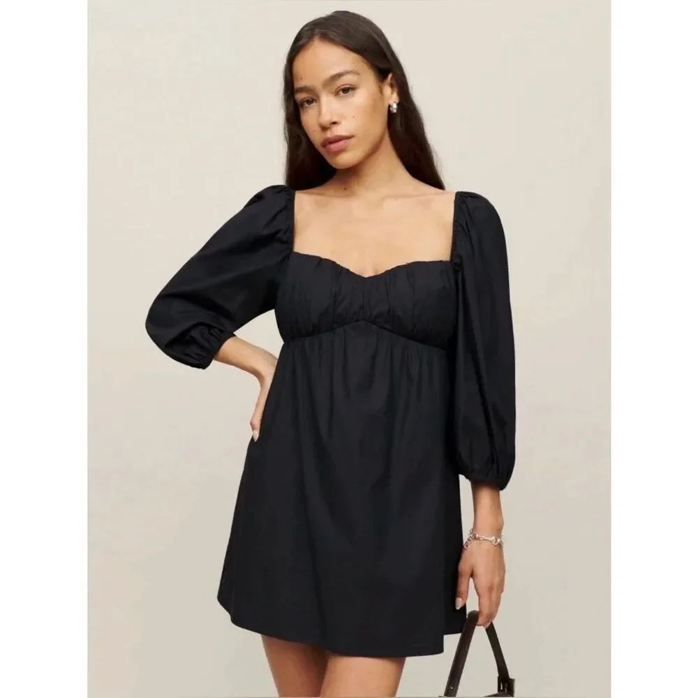 Reformation Farley Dress Black Mini Puff Sleeve Size 8